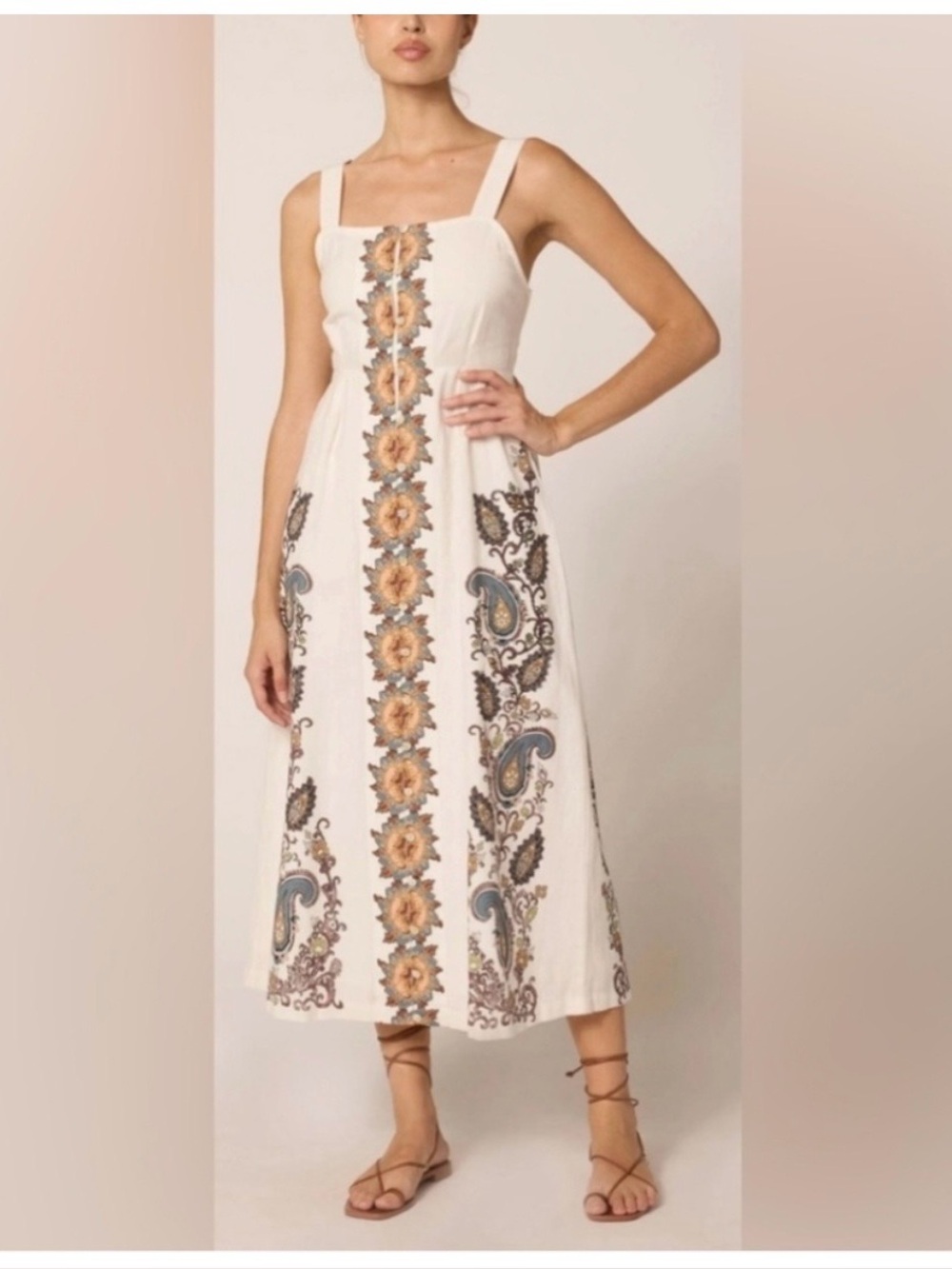 Cleobella Cream Midi Dress with Floral & Paisley Embroidery